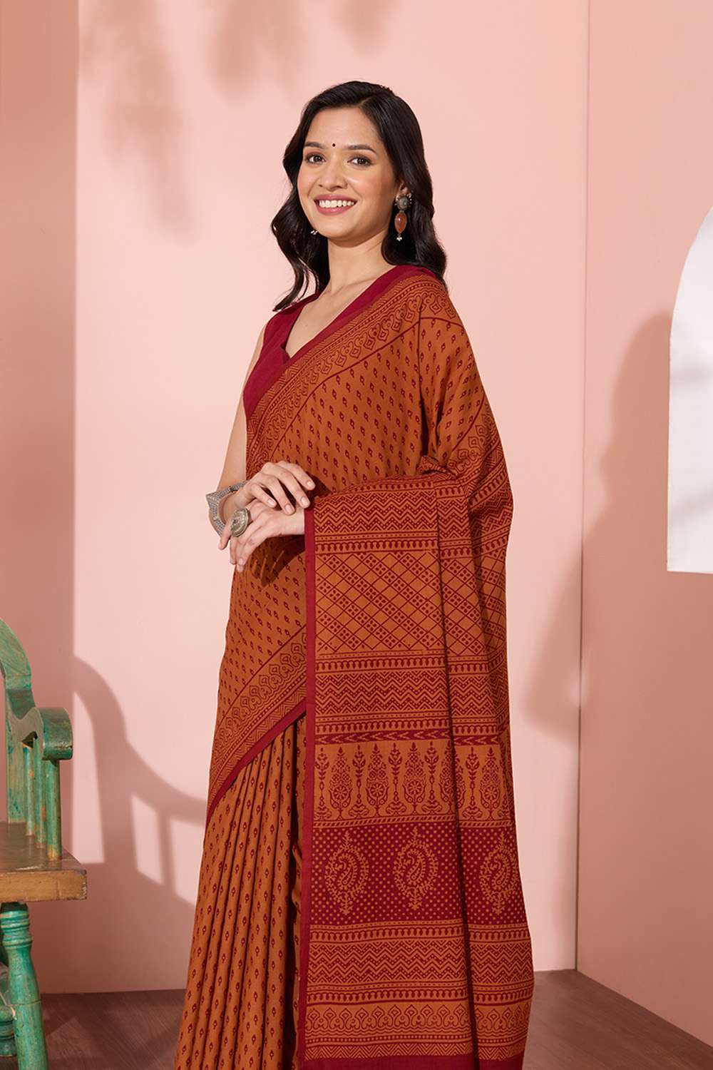 Orange Bagh Block Printed Pure Cotton Saree image number null
