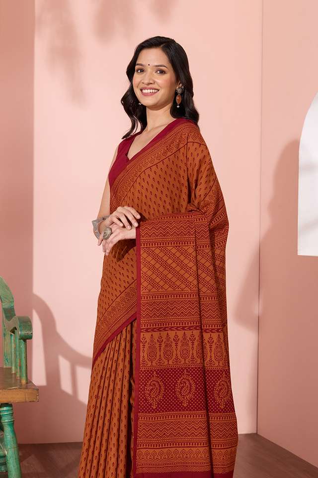 Orange Bagh Block Printed Pure Cotton Saree thumbnail image number null
