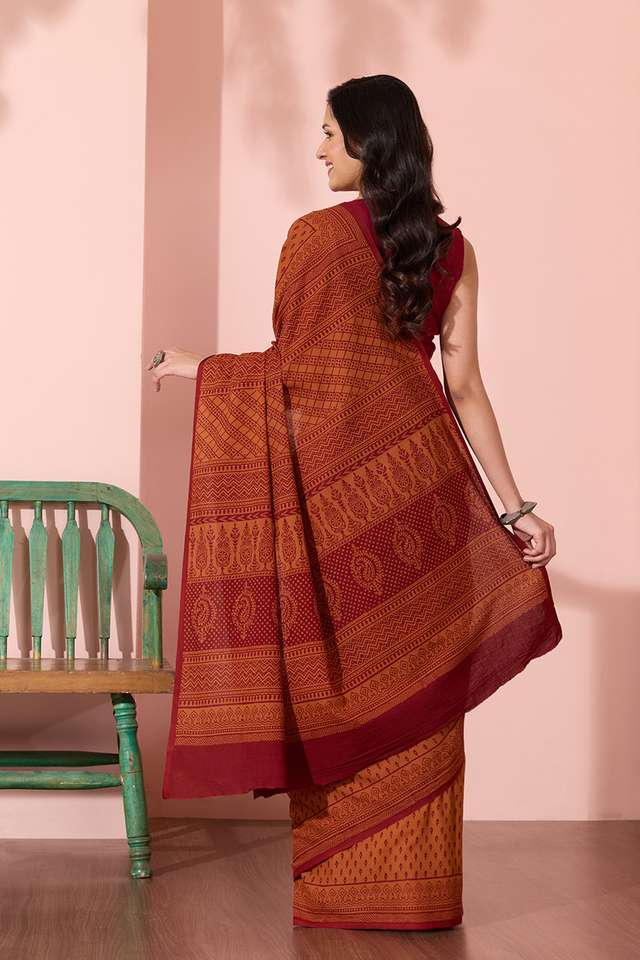 Orange Bagh Block Printed Pure Cotton Saree thumbnail image number null