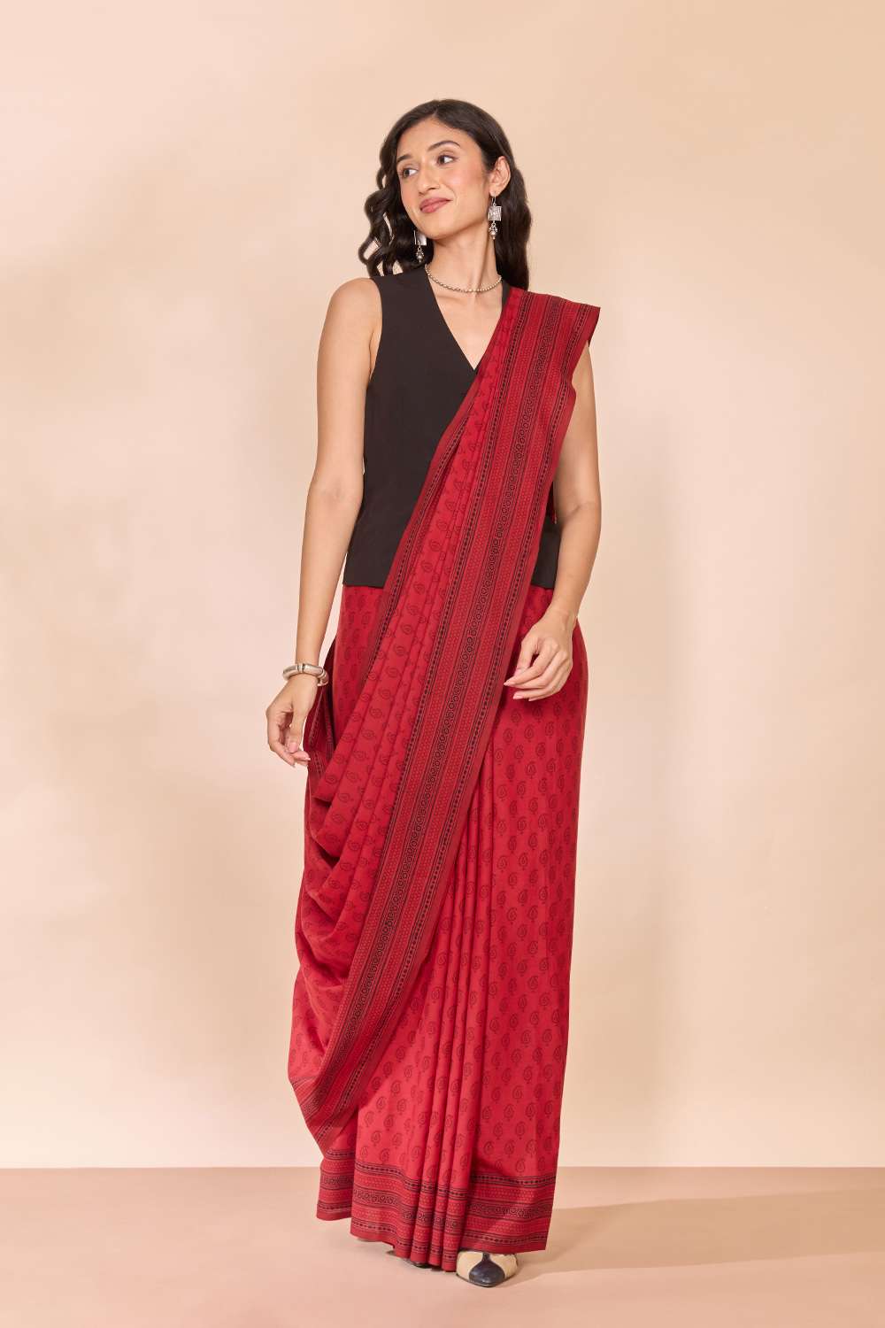 Red Bagh Block Printed Pure Cotton Saree image number null