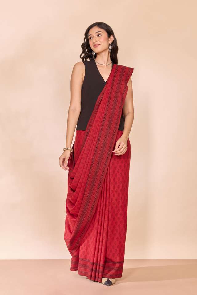 Red Bagh Block Printed Pure Cotton Saree thumbnail image number null