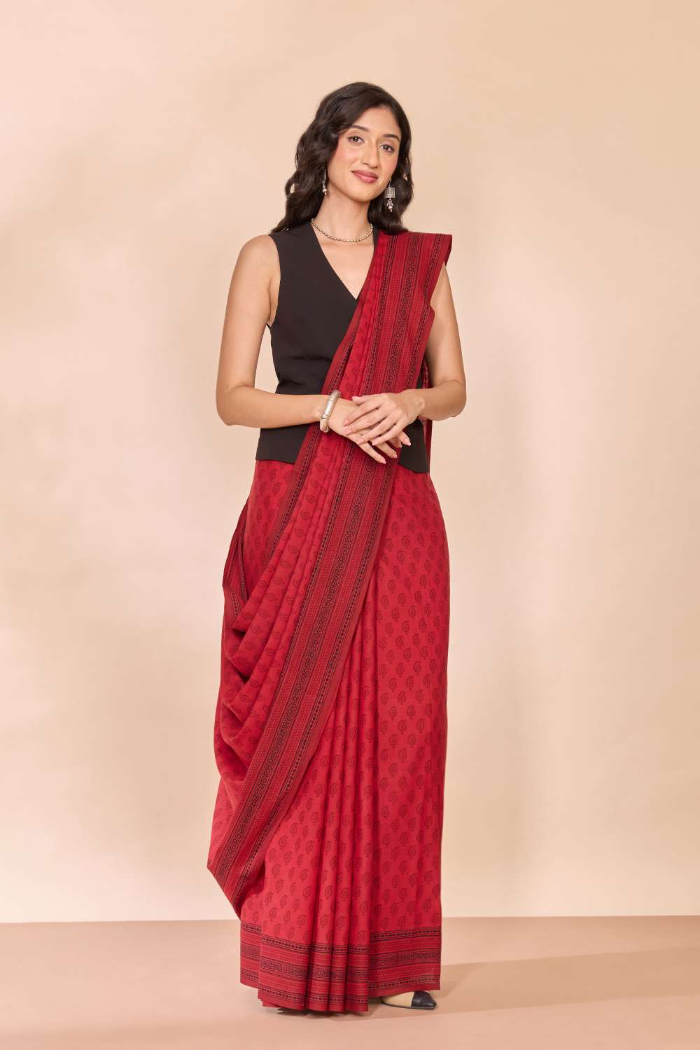 Red Bagh Block Printed Pure Cotton Saree image number null