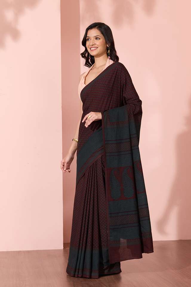 Brown Bagh Block Printed Pure Cotton Saree thumbnail image number null