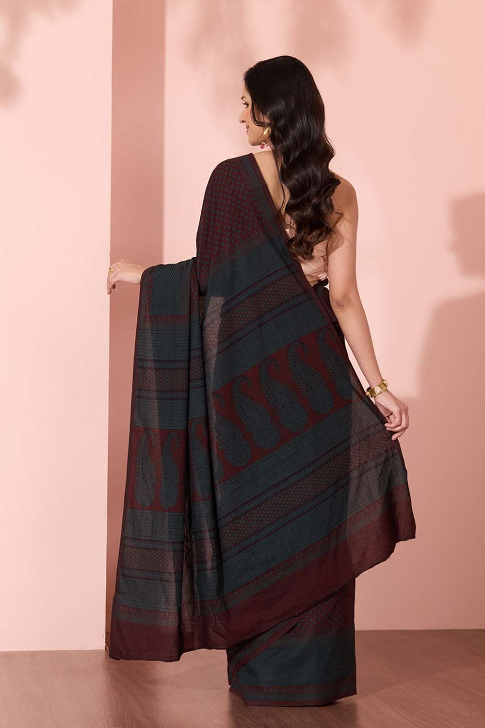 Brown Bagh Block Printed Pure Cotton Saree image number null