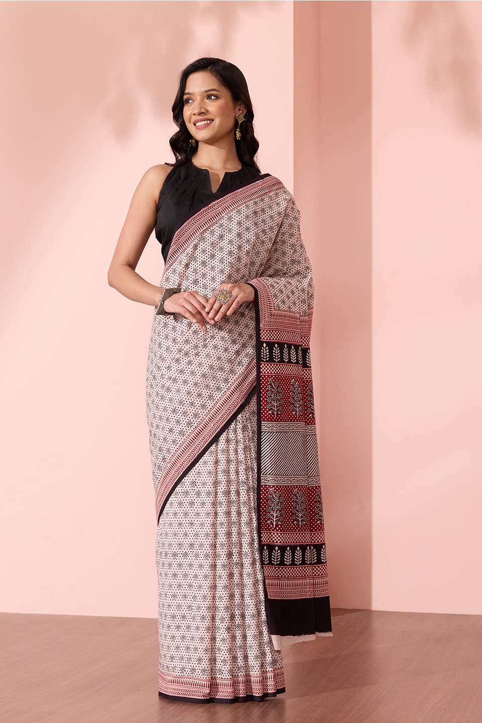 Off White Bagh Block Printed Pure Cotton Saree