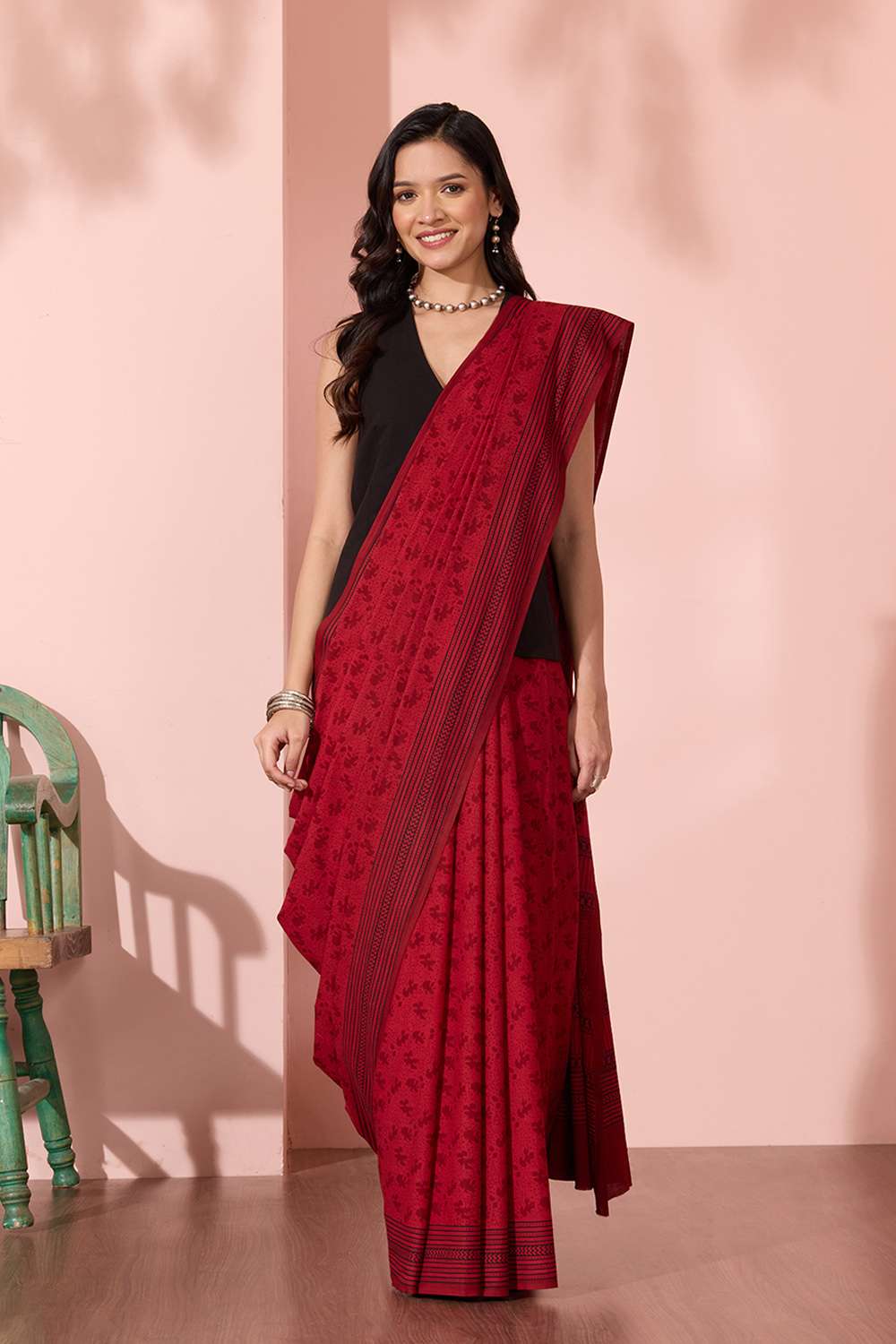 Red Bagh Block Printed Pure Cotton Saree image number null