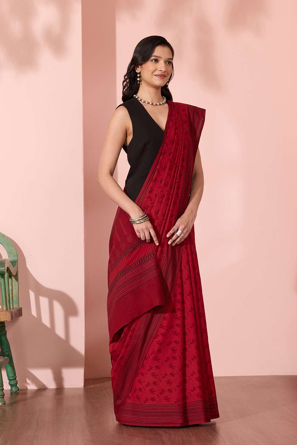 Red Bagh Block Printed Pure Cotton Saree image number null