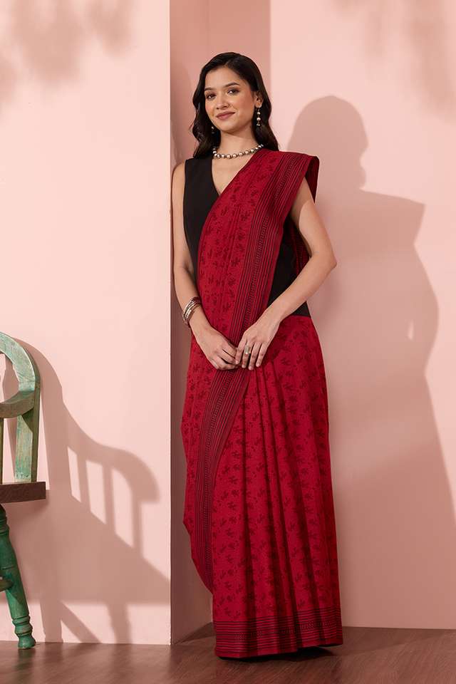 Red Bagh Block Printed Pure Cotton Saree thumbnail image number null