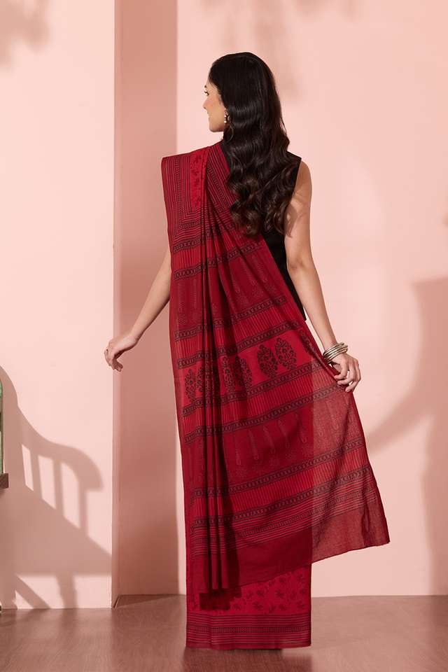 Red Bagh Block Printed Pure Cotton Saree thumbnail image number null