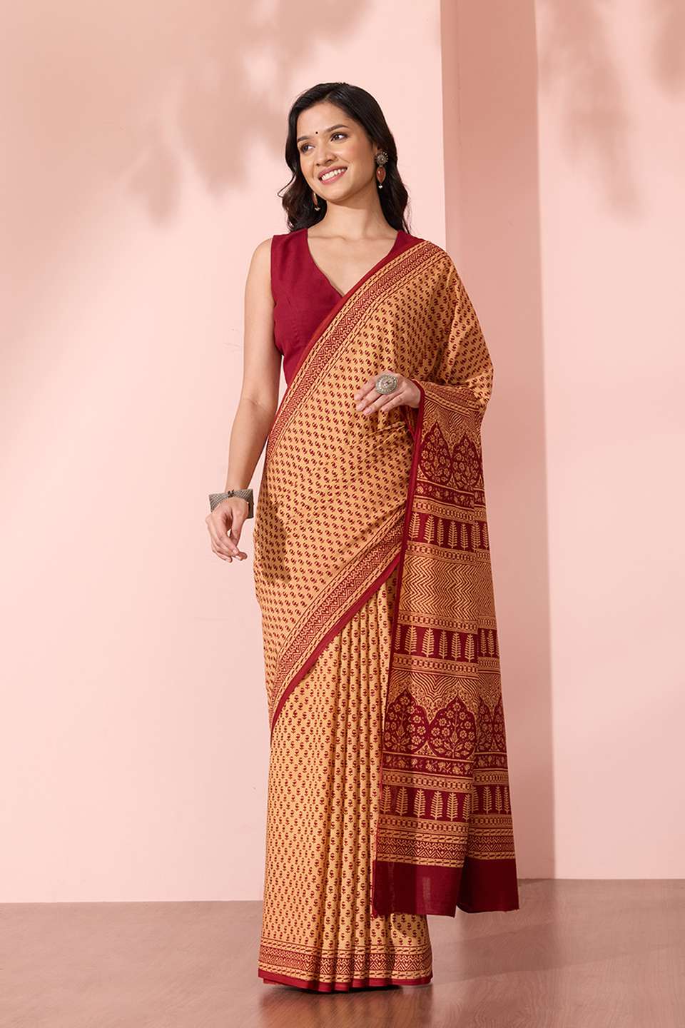 Light Yellow Bagh Block Printed Pure Cotton Saree