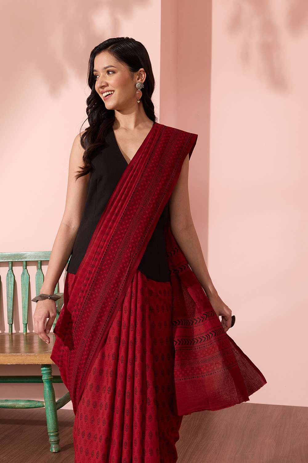 Red Bagh Block Printed Pure Cotton Saree image number null