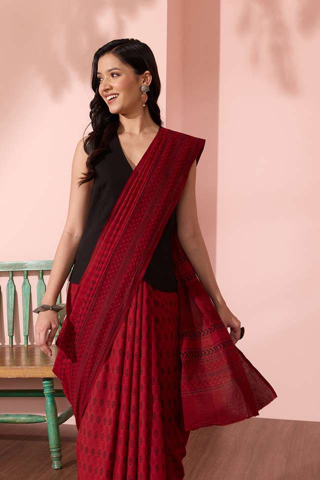 Red Bagh Block Printed Pure Cotton Saree thumbnail image number null