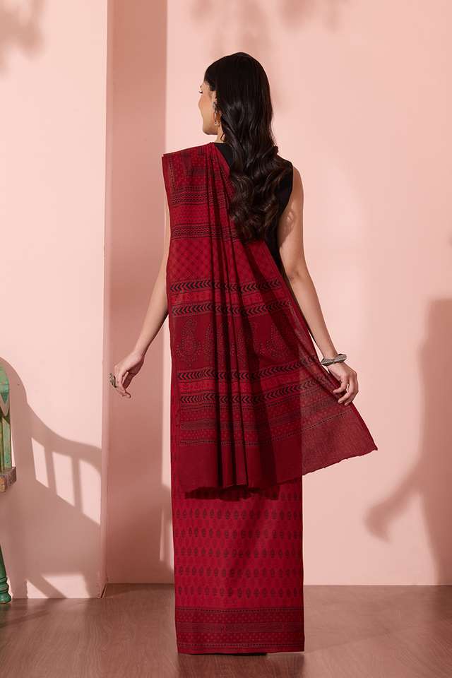 Red Bagh Block Printed Pure Cotton Saree thumbnail image number null