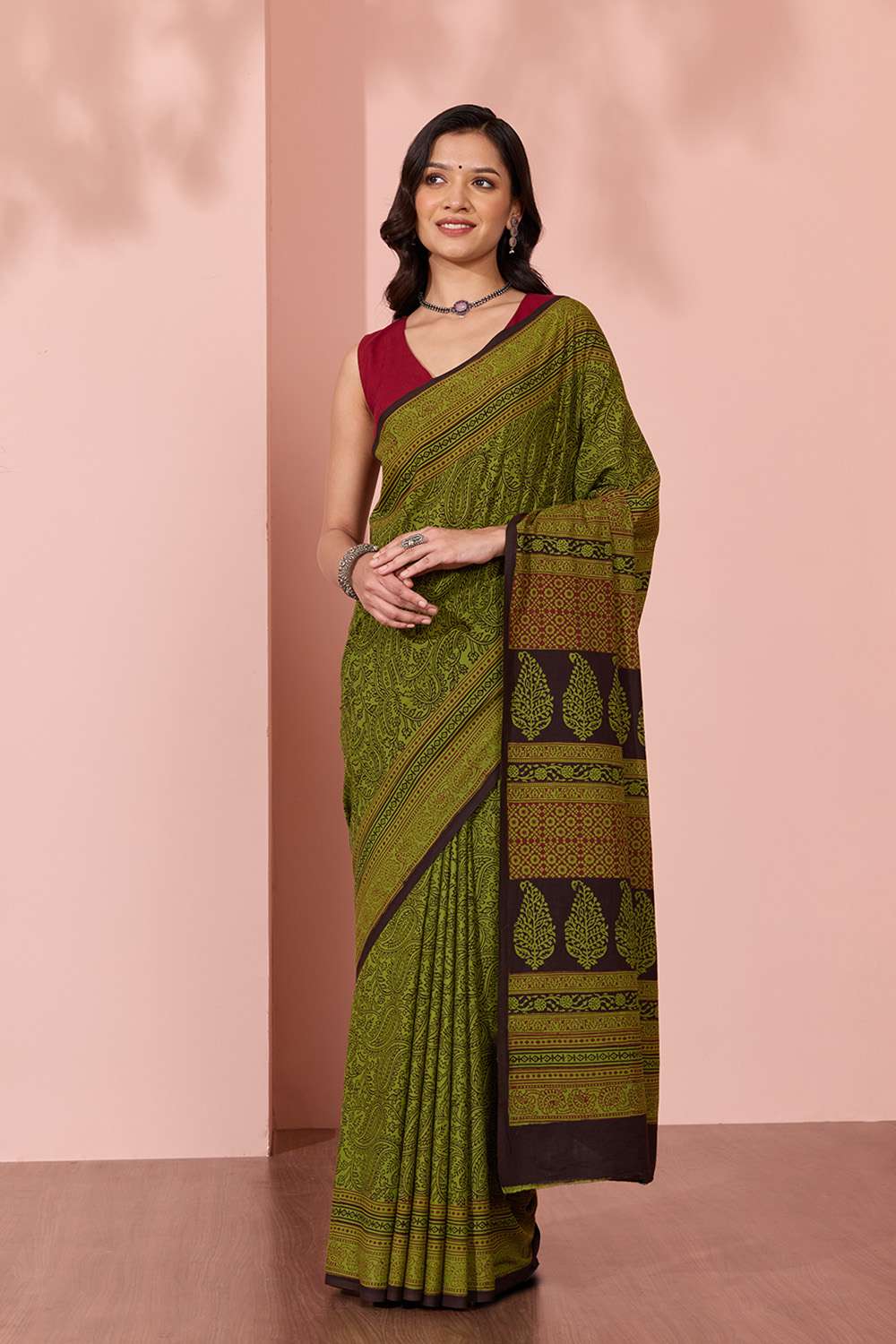 Green Bagh Block Printed Pure Cotton Saree image number null