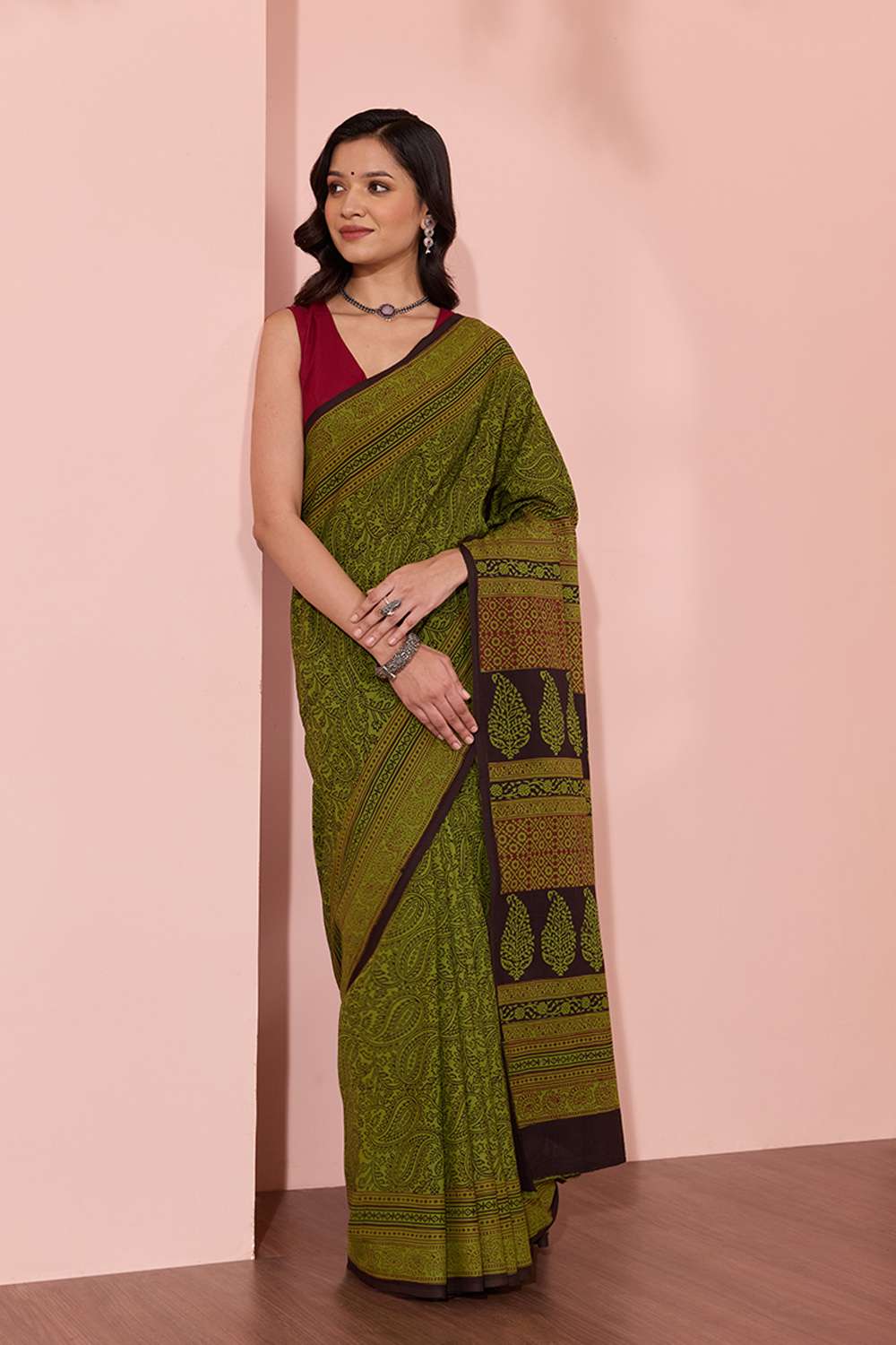 Green Bagh Block Printed Pure Cotton Saree image number null