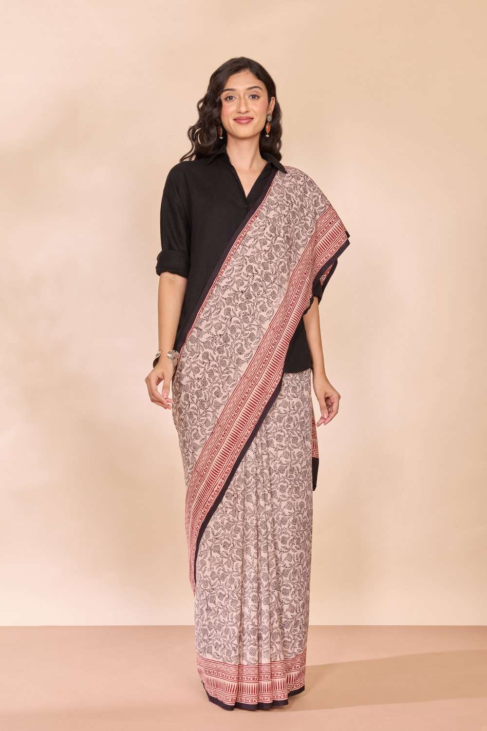 Off White Bagh Block Printed Pure Cotton Saree image number null