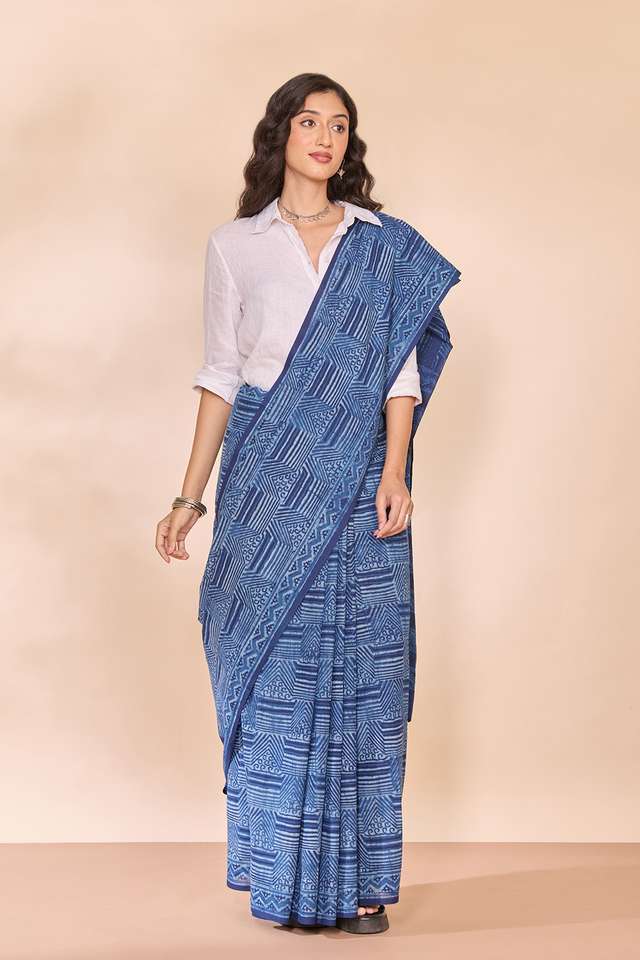 Blue Rajasthan Pure Cotton Dabu Block Printed Saree thumbnail image number null
