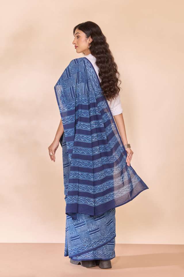 Blue Rajasthan Pure Cotton Dabu Block Printed Saree thumbnail image number null