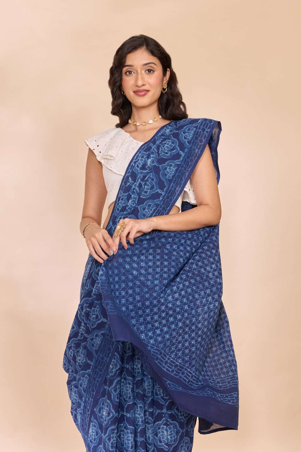 Blue Rajasthan Pure Cotton Dabu Block Printed Saree