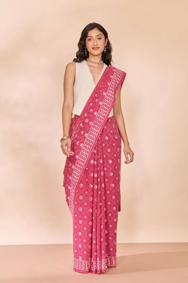 Pink Rajasthan Pure Cotton Dabu Block Printed Saree thumbnail image number null