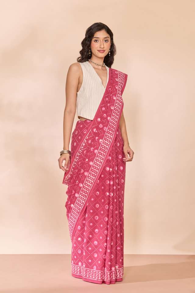Pink Rajasthan Pure Cotton Dabu Block Printed Saree thumbnail image number null