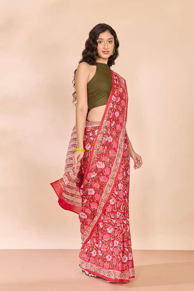 Red Rajasthan Pure Cotton Printed Sanganeri Saree thumbnail image number null