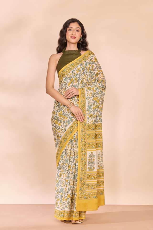 Off White Rajasthan Pure Cotton Printed Sanganeri Saree thumbnail image number null