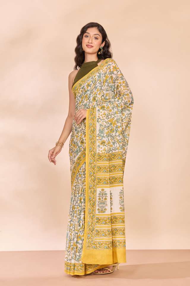 Off White Rajasthan Pure Cotton Printed Sanganeri Saree thumbnail image number null