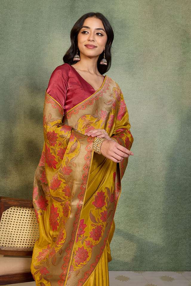 Yellow Woven Viscose Tissue Saree image number