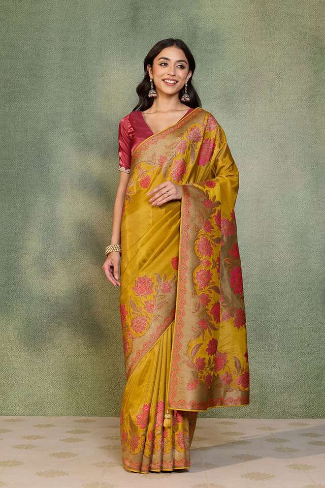 Yellow Woven Viscose Tissue Saree thumbnail image number null