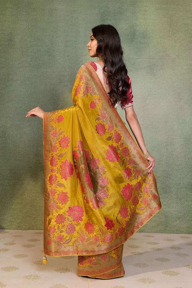 Yellow Woven Viscose Tissue Saree thumbnail image number null