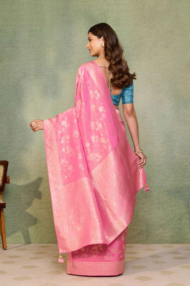 Pink Woven Viscose Tissue Saree thumbnail image number null