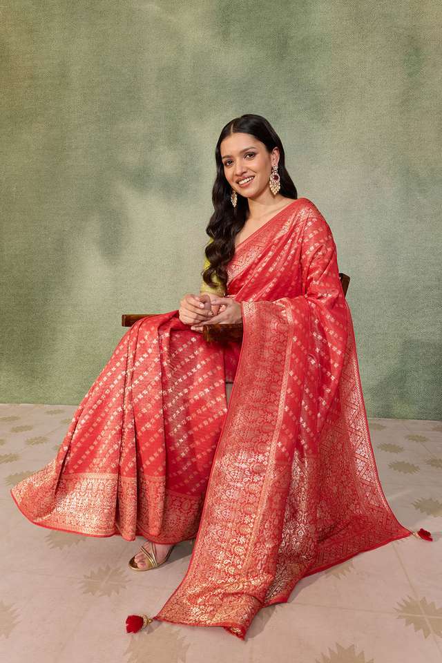 Red Woven Viscose Tissue Saree image number