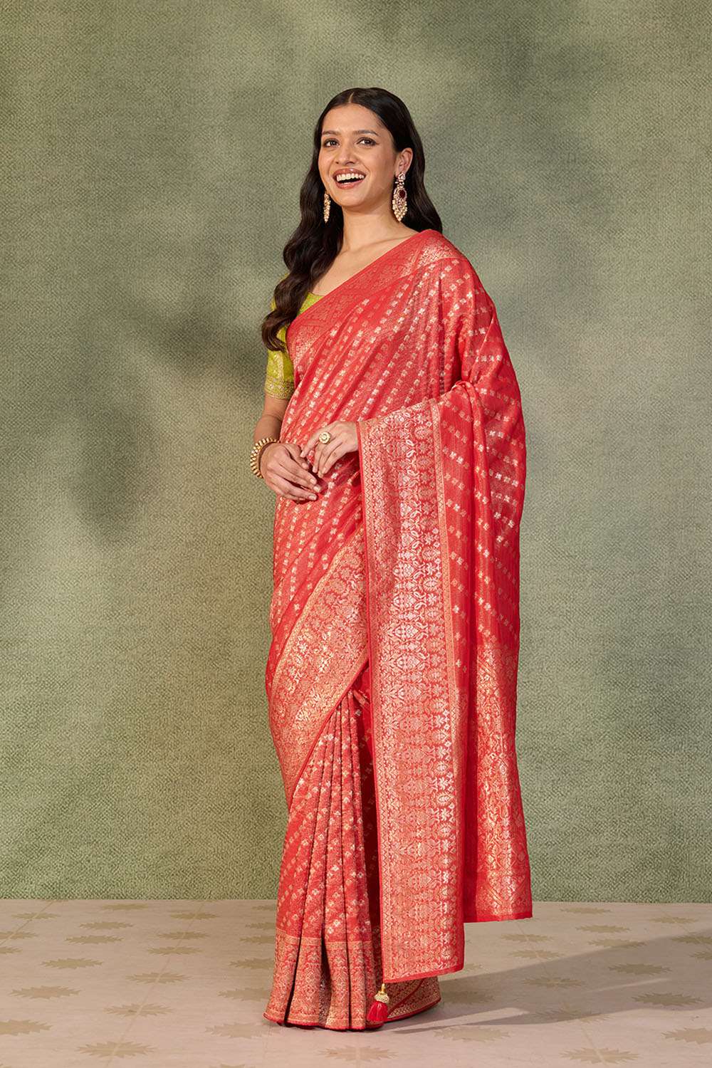 Red Woven Viscose Tissue Saree image number null