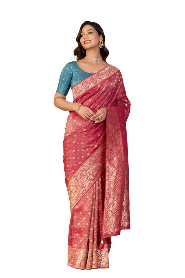 Dark Pink Woven Viscose Tissue Saree image number