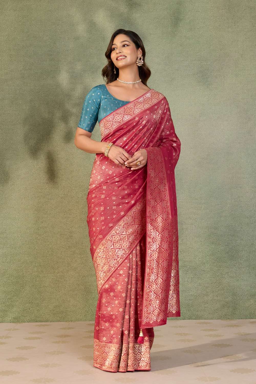 Dark Pink Woven Viscose Tissue Saree image number null