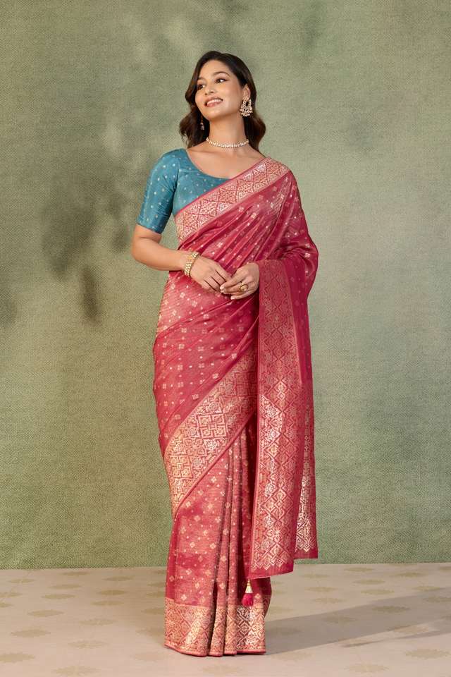 Dark Pink Woven Viscose Tissue Saree thumbnail image number null