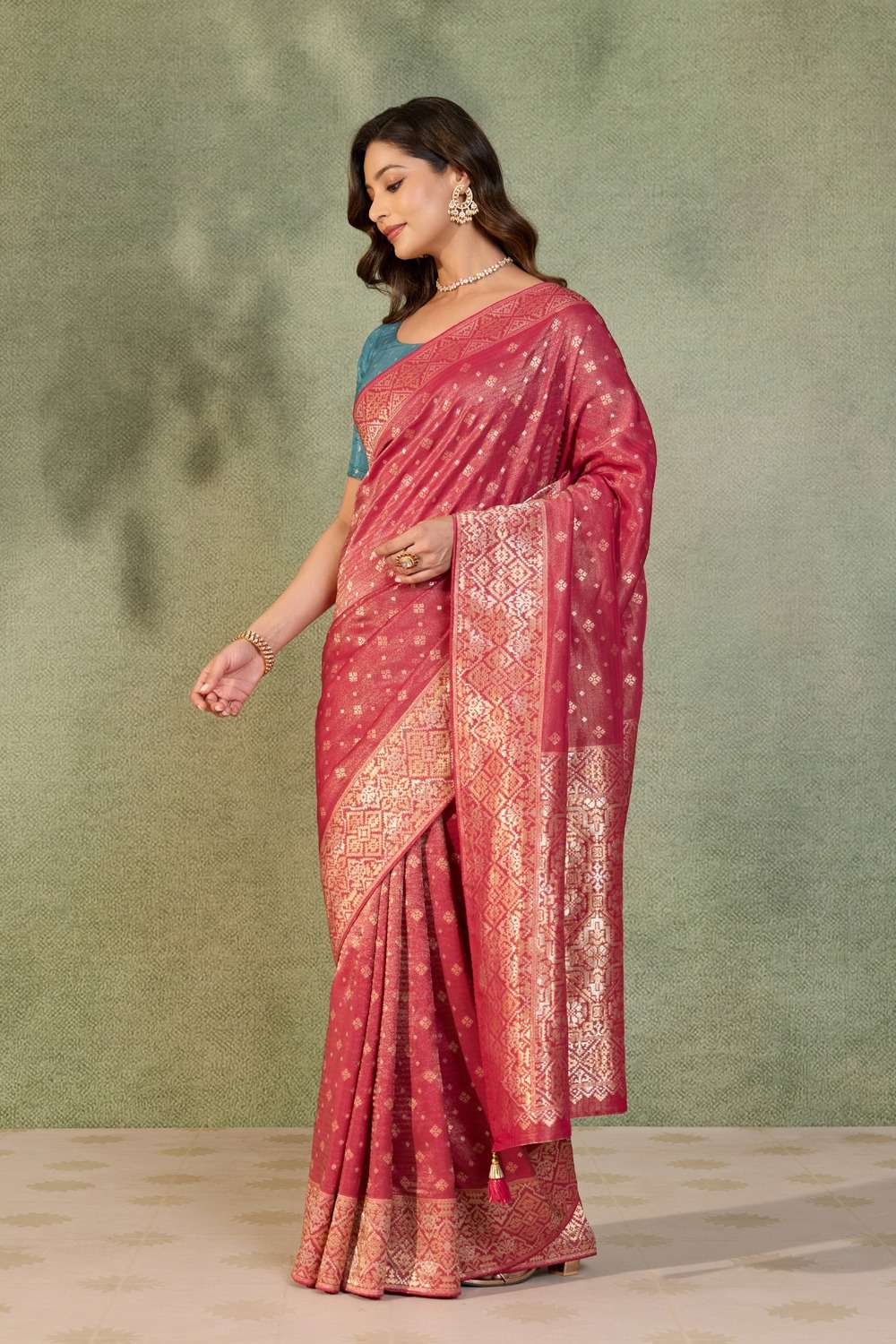 Dark Pink Woven Viscose Tissue Saree image number null