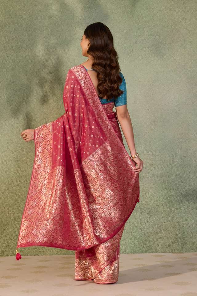 Dark Pink Woven Viscose Tissue Saree thumbnail image number null