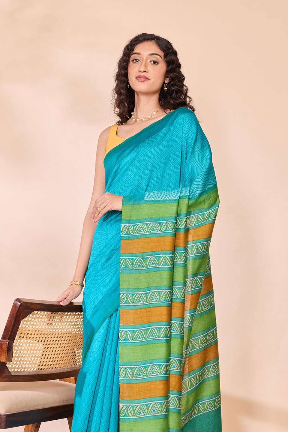 Blue Block Printed Silk Muga Saree