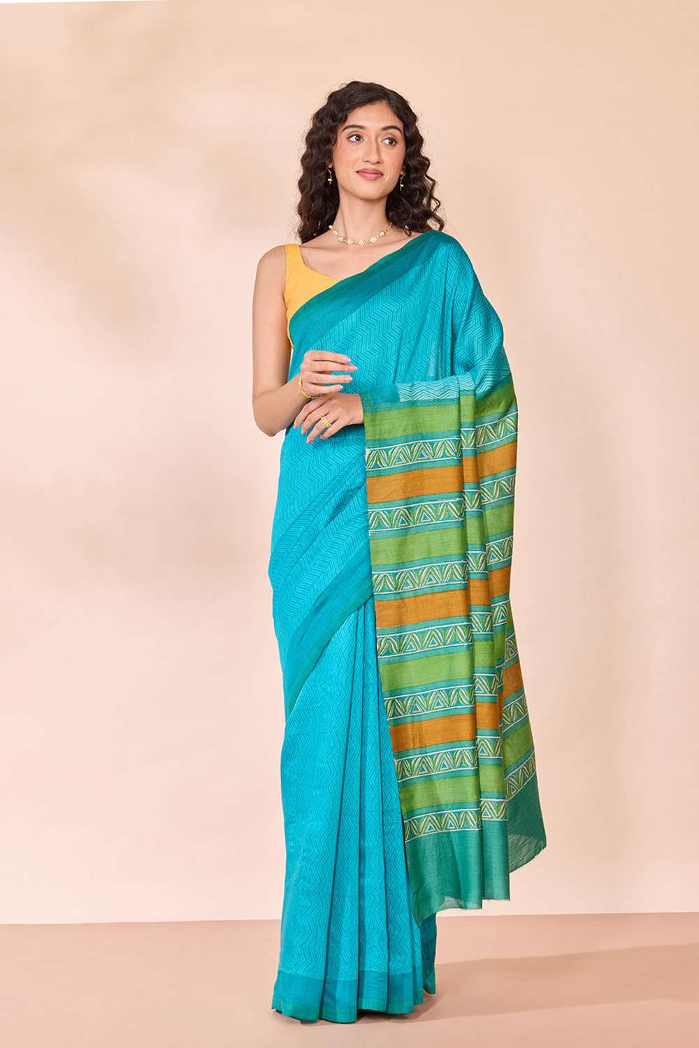 Blue Block Printed Silk Muga Saree image number null