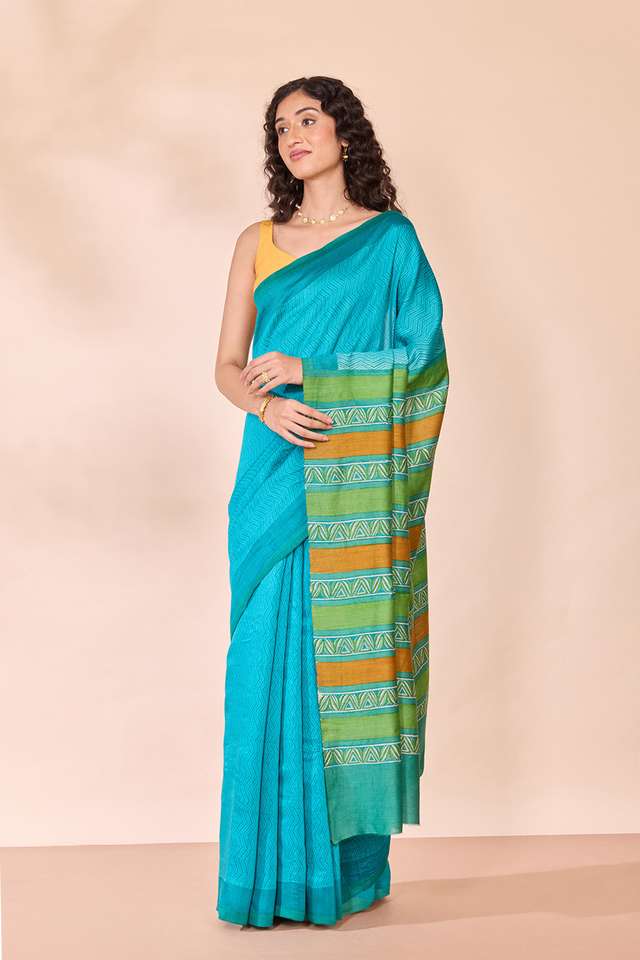 Blue Block Printed Silk Muga Saree thumbnail image number null