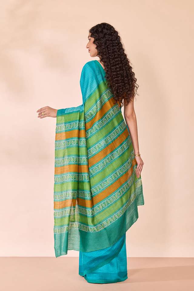Blue Block Printed Silk Muga Saree thumbnail image number null