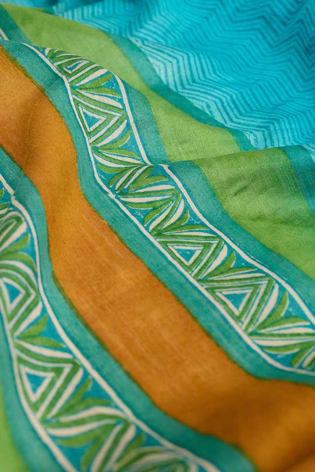 Blue Block Printed Silk Muga Saree thumbnail image number null