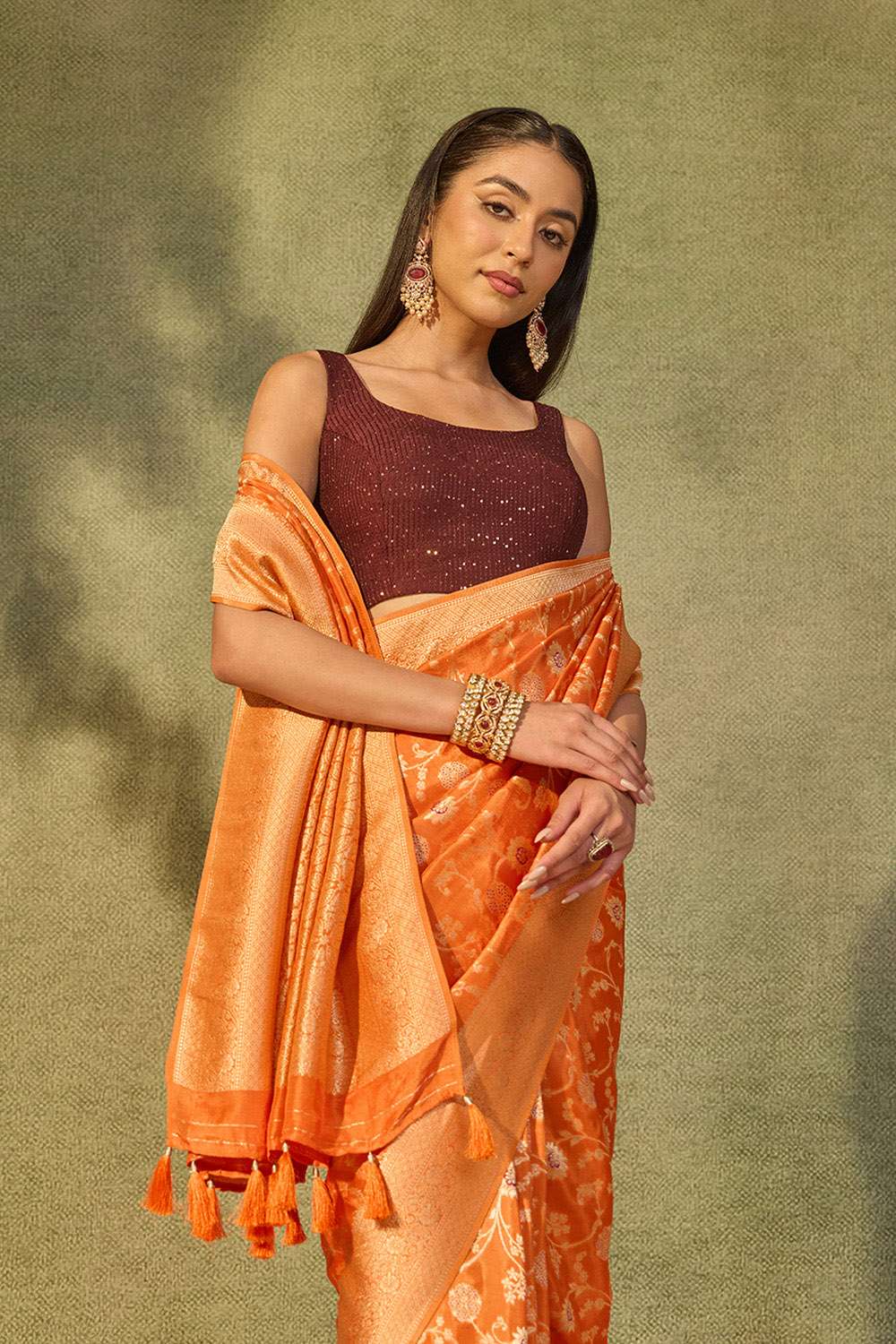 Orange Woven Pure Viscose Saree image number null