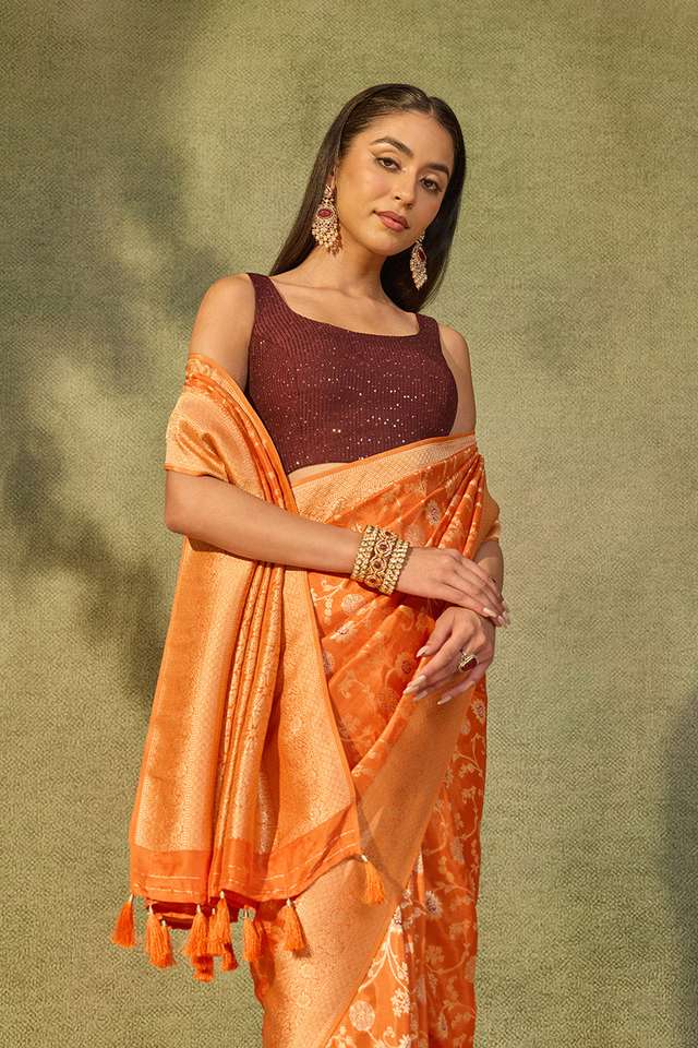 Orange Woven Pure Viscose Saree image number