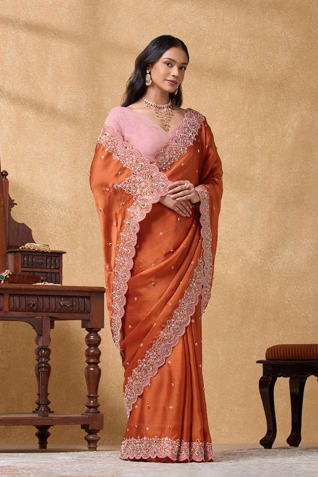Orange Pure Viscose Embroidered Saree image number