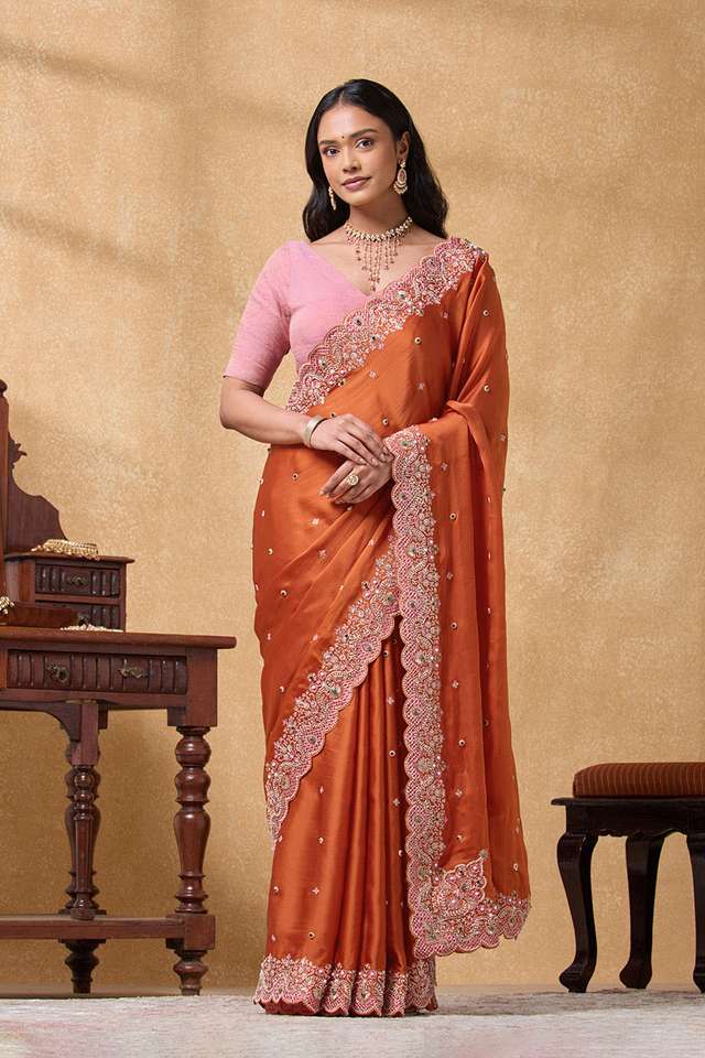 Orange Pure Viscose Embroidered Saree thumbnail image number null