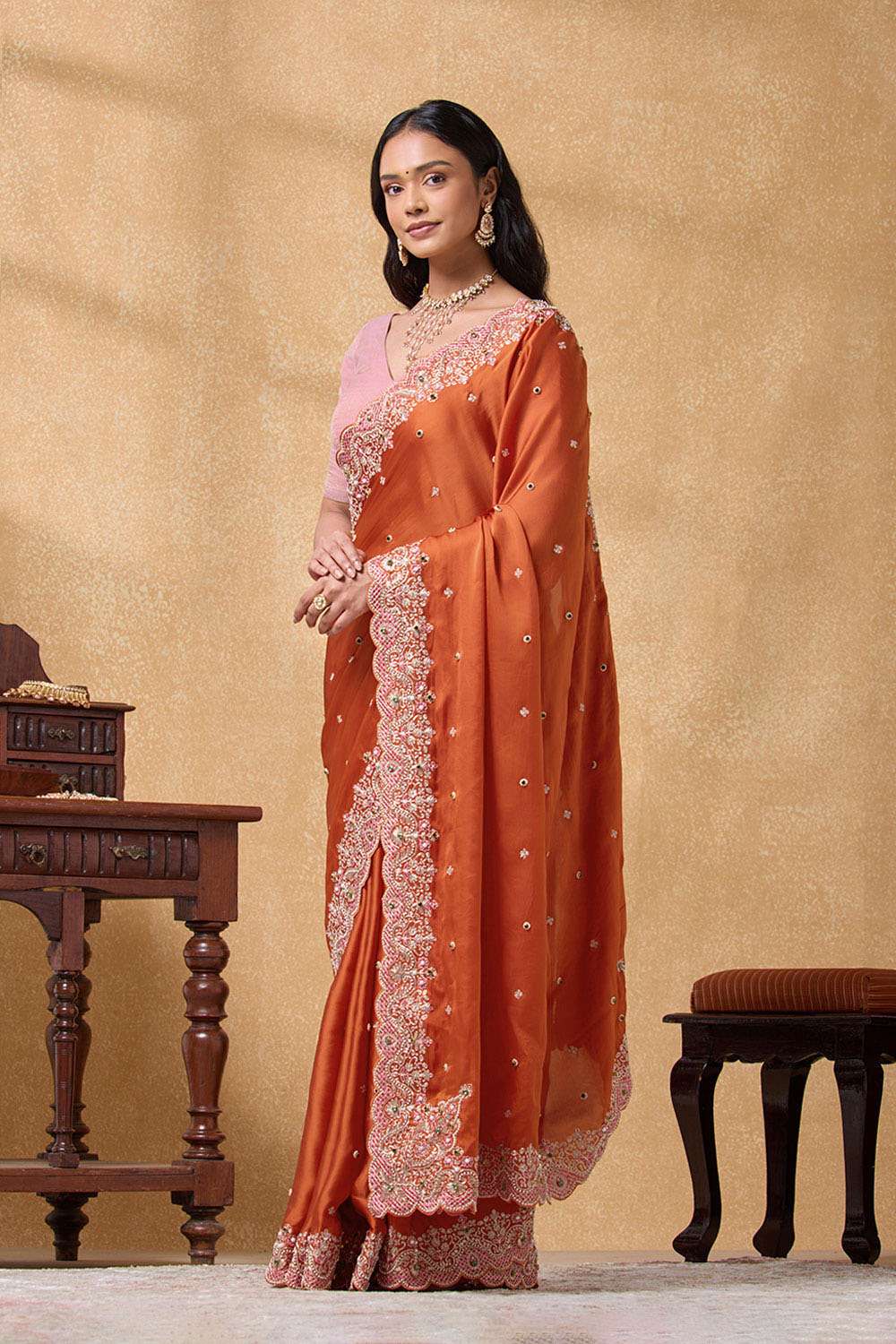 Orange Pure Viscose Embroidered Saree image number null
