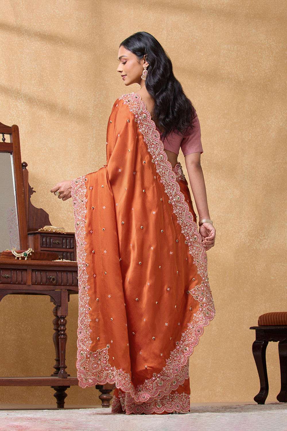 Orange Pure Viscose Embroidered Saree image number null